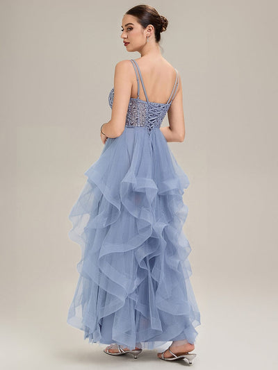 Tie-Front Mesh Sleeveless Evening Dress #color_Light Blue