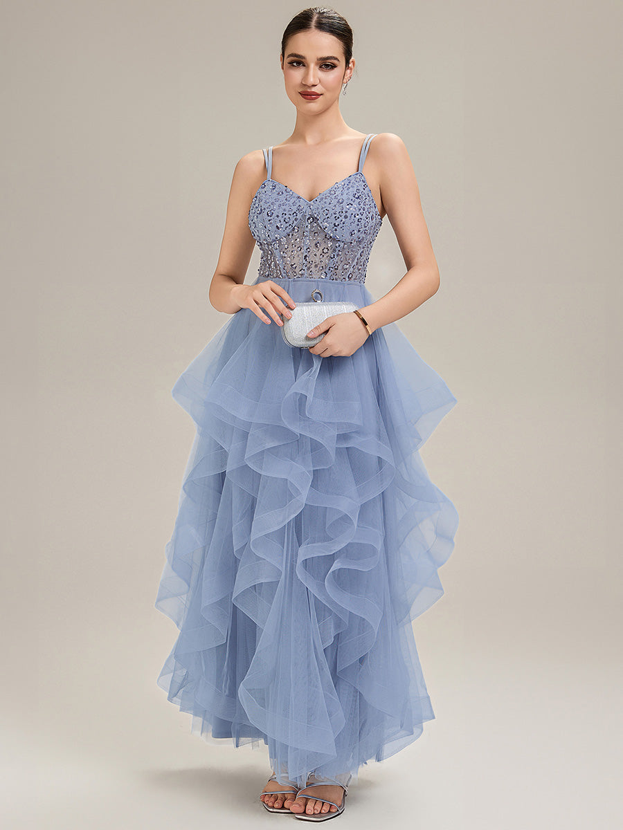 Tie-Front Mesh Sleeveless Evening Dress #color_Light Blue