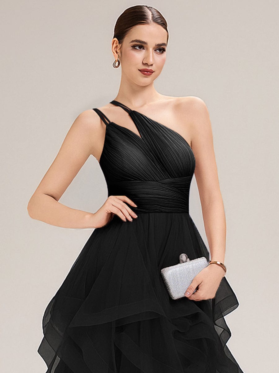 Pleated Mesh Sleeveless Evening Dress #color_Black