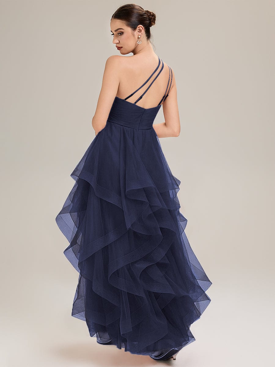 Pleated Mesh Sleeveless Evening Dress #color_Navy Blue