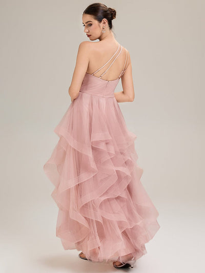 Pleated Mesh Sleeveless Evening Dress #color_Pink