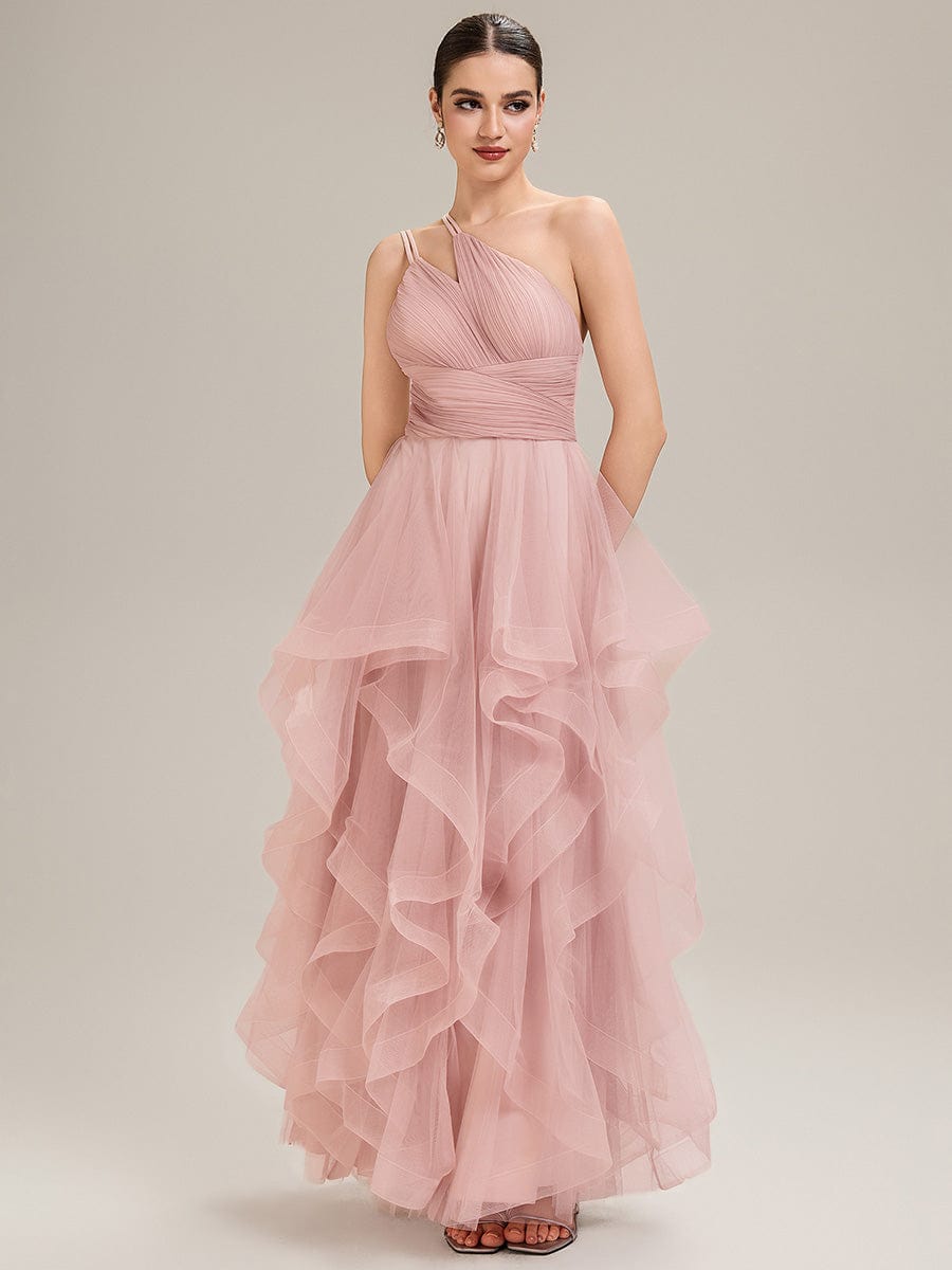 Pleated Mesh Sleeveless Evening Dress #color_Pink