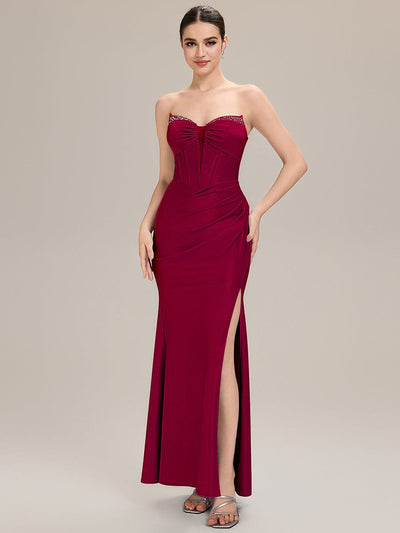 Tie-Front Knit Sleeveless Evening Dress #color_Burgundy