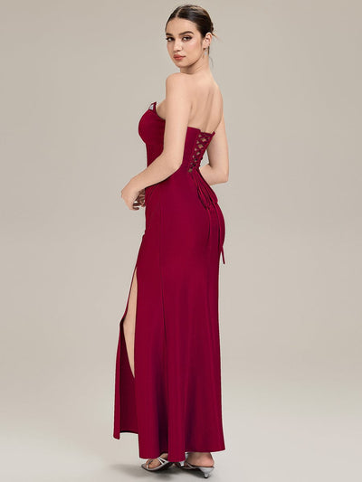 Tie-Front Knit Sleeveless Evening Dress #color_Burgundy