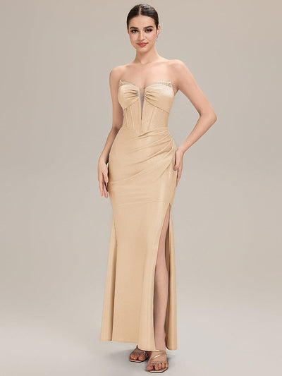 Tie-Front Knit Sleeveless Evening Dress #color_Champagne
