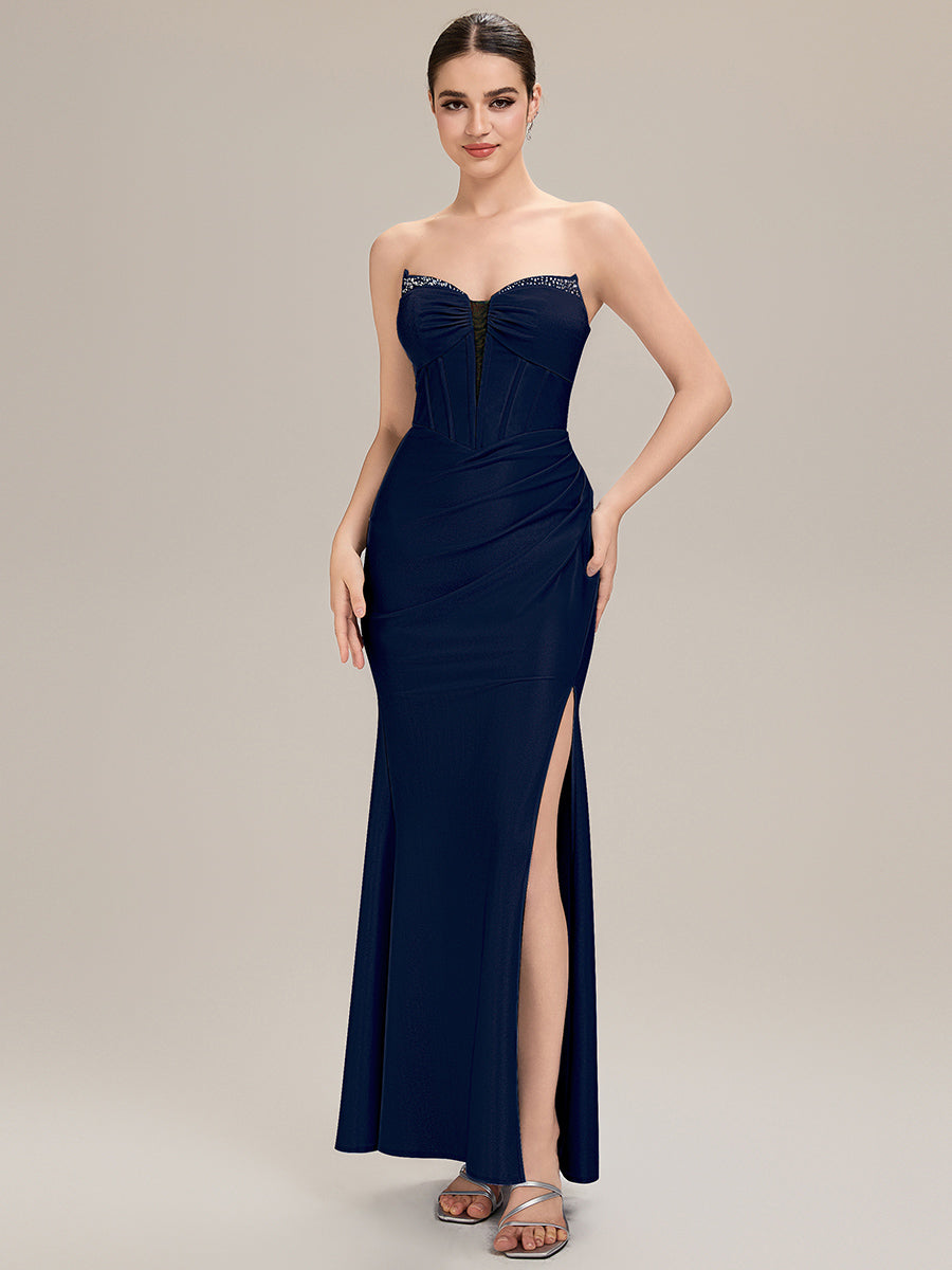 Tie-Front Knit Sleeveless Evening Dress #color_Navy Blue
