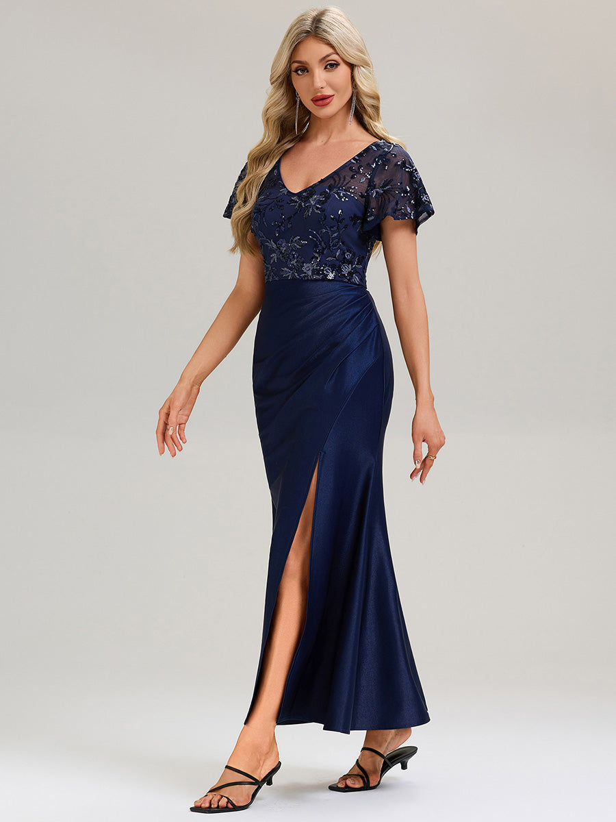 Thigh-High Slit Sequin Ruffle Sleeve Evening Dress #color_Navy Blue