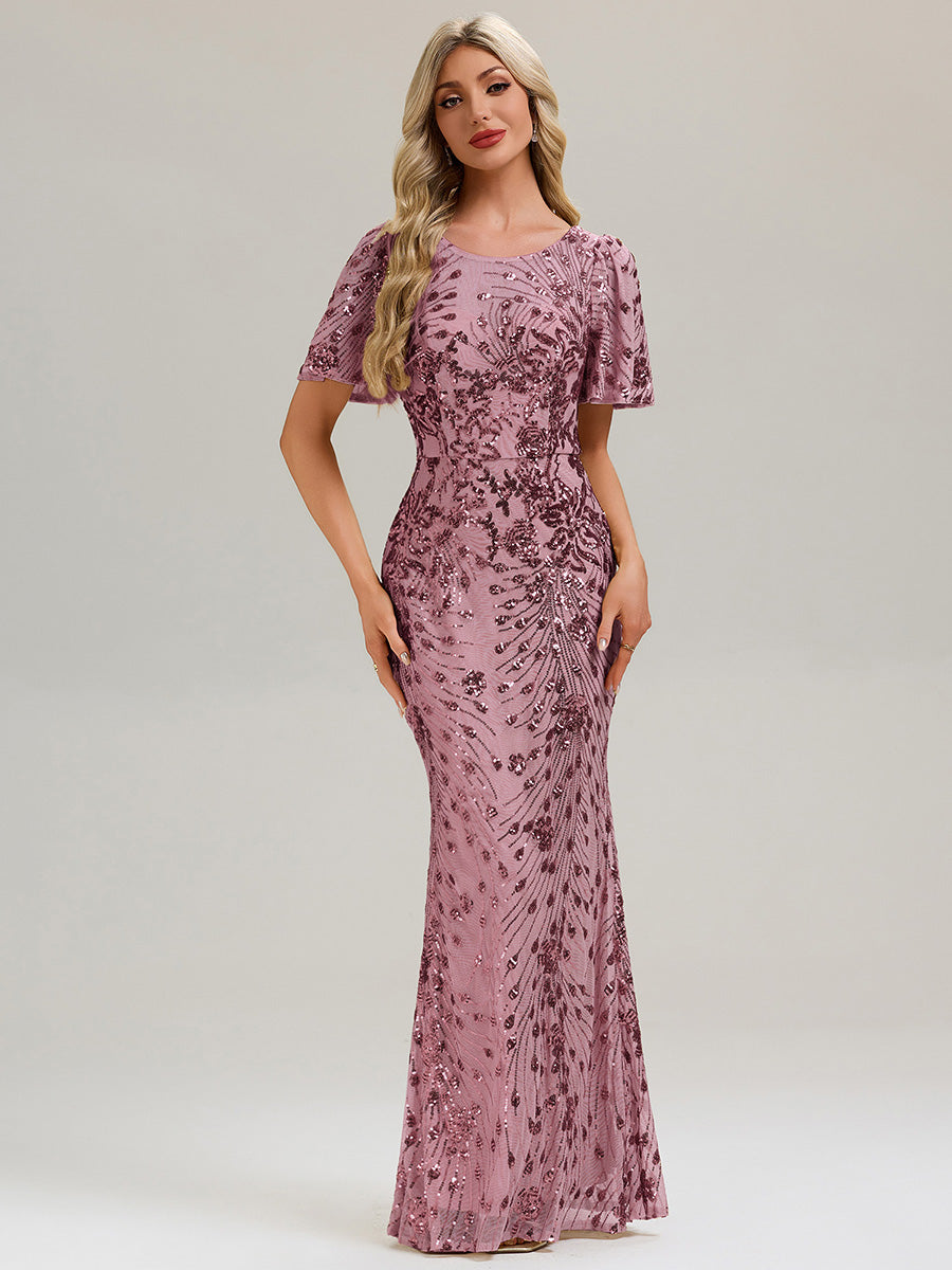 Backless Sequin Ruffle Sleeve Evening Dress #color_Purple Orchid