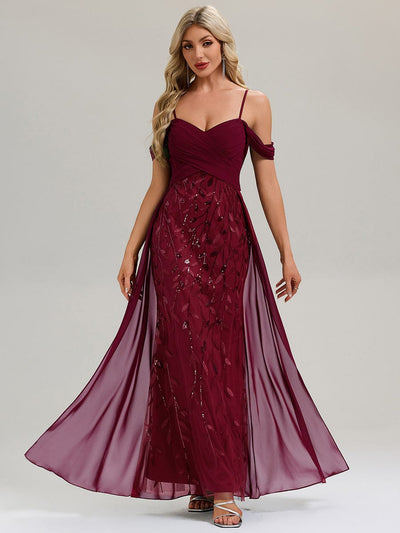 Flowing Ribbons Sequin Sleeveless Evening Dress #color_Burgundy