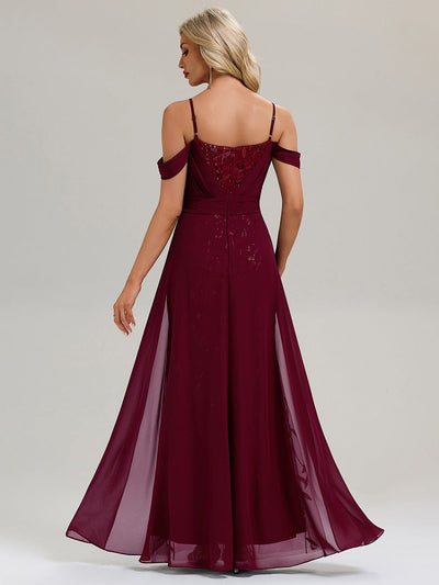 Flowing Ribbons Sequin Sleeveless Evening Dress #color_Burgundy