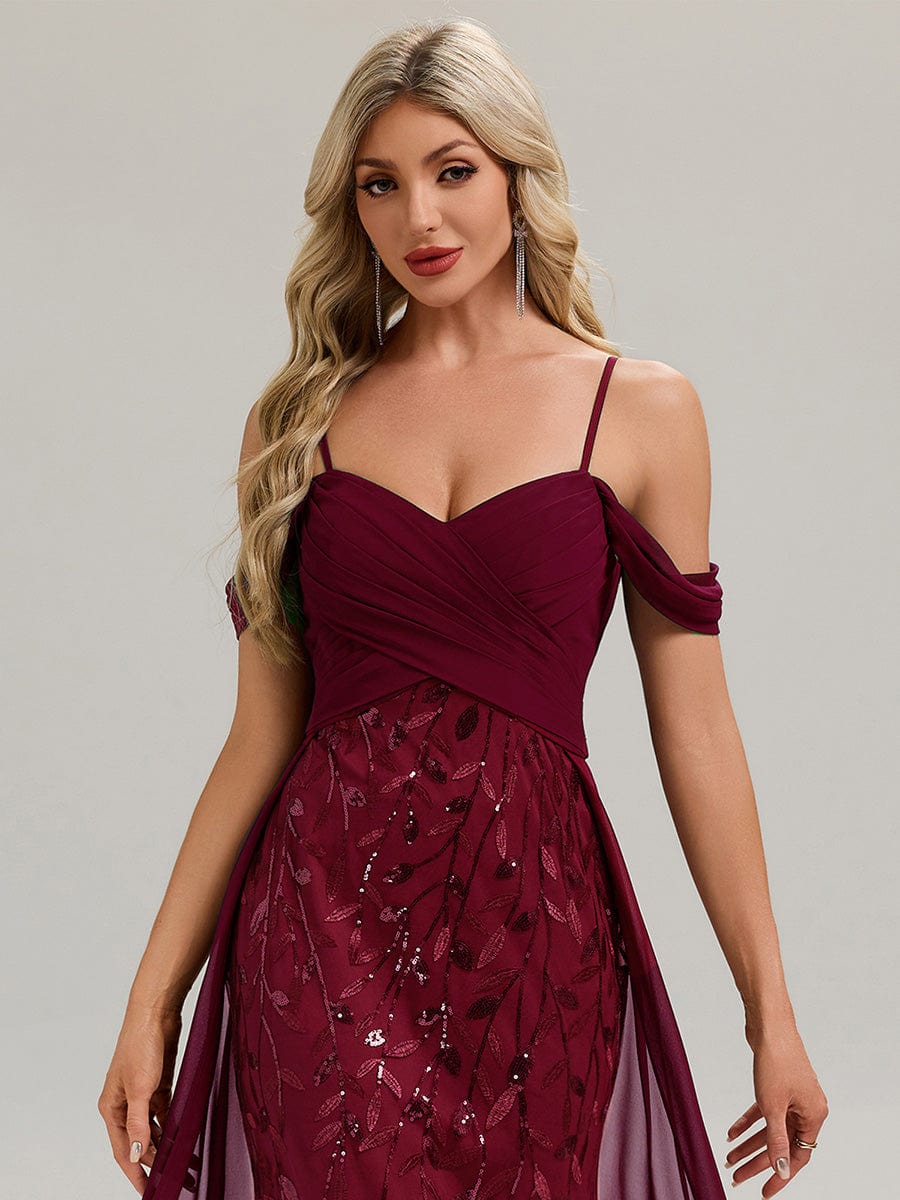 Flowing Ribbons Sequin Sleeveless Evening Dress #color_Burgundy