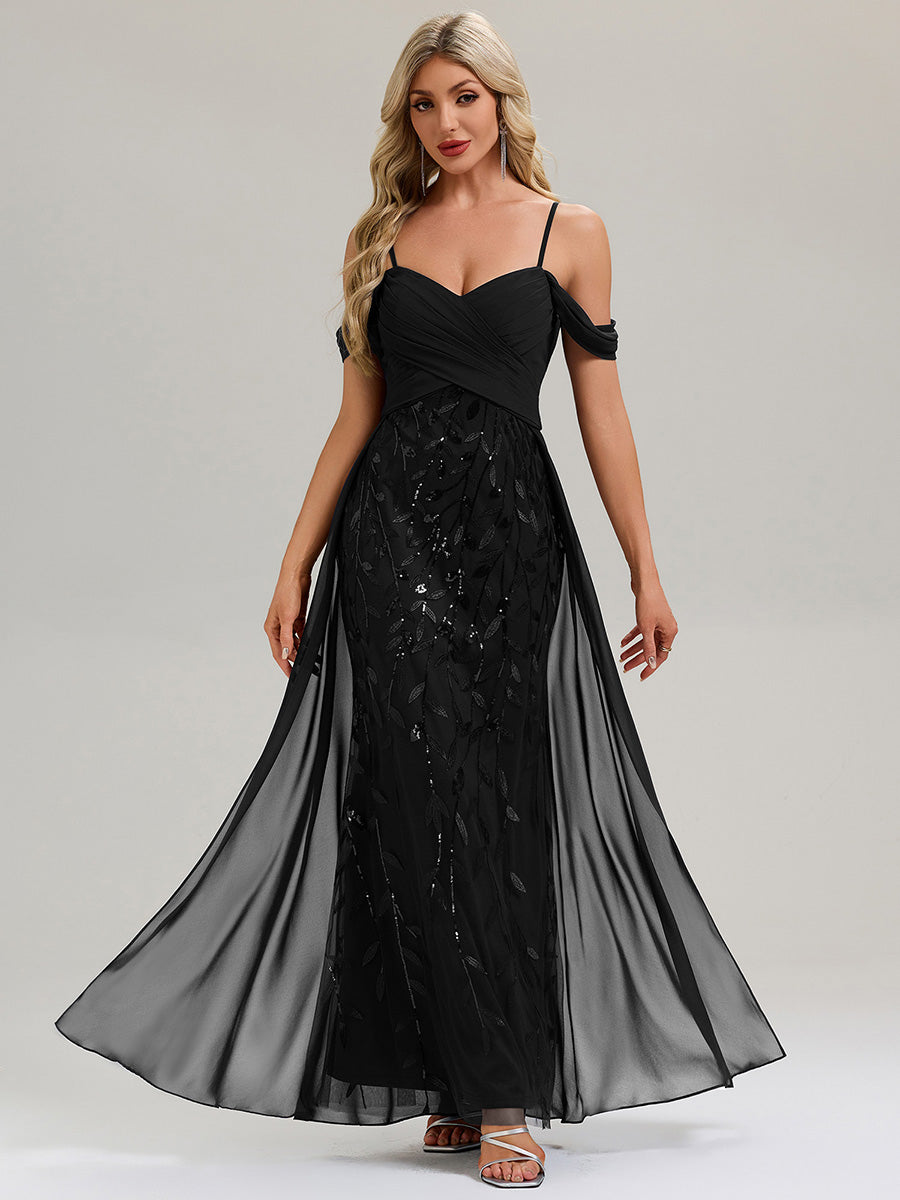 Flowing Ribbons Sequin Sleeveless Evening Dress #color_Black