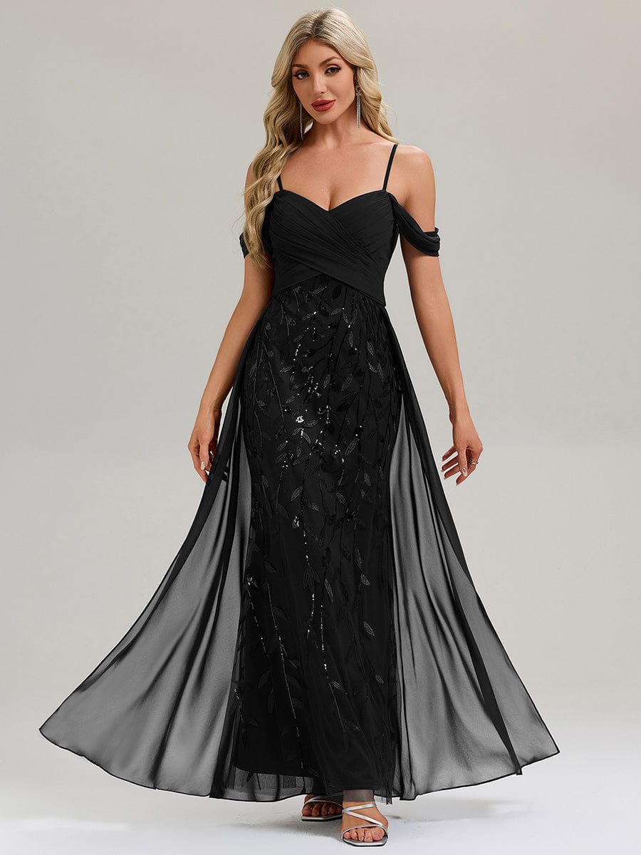 Flowing Ribbons Sequin Sleeveless Evening Dress #color_Black
