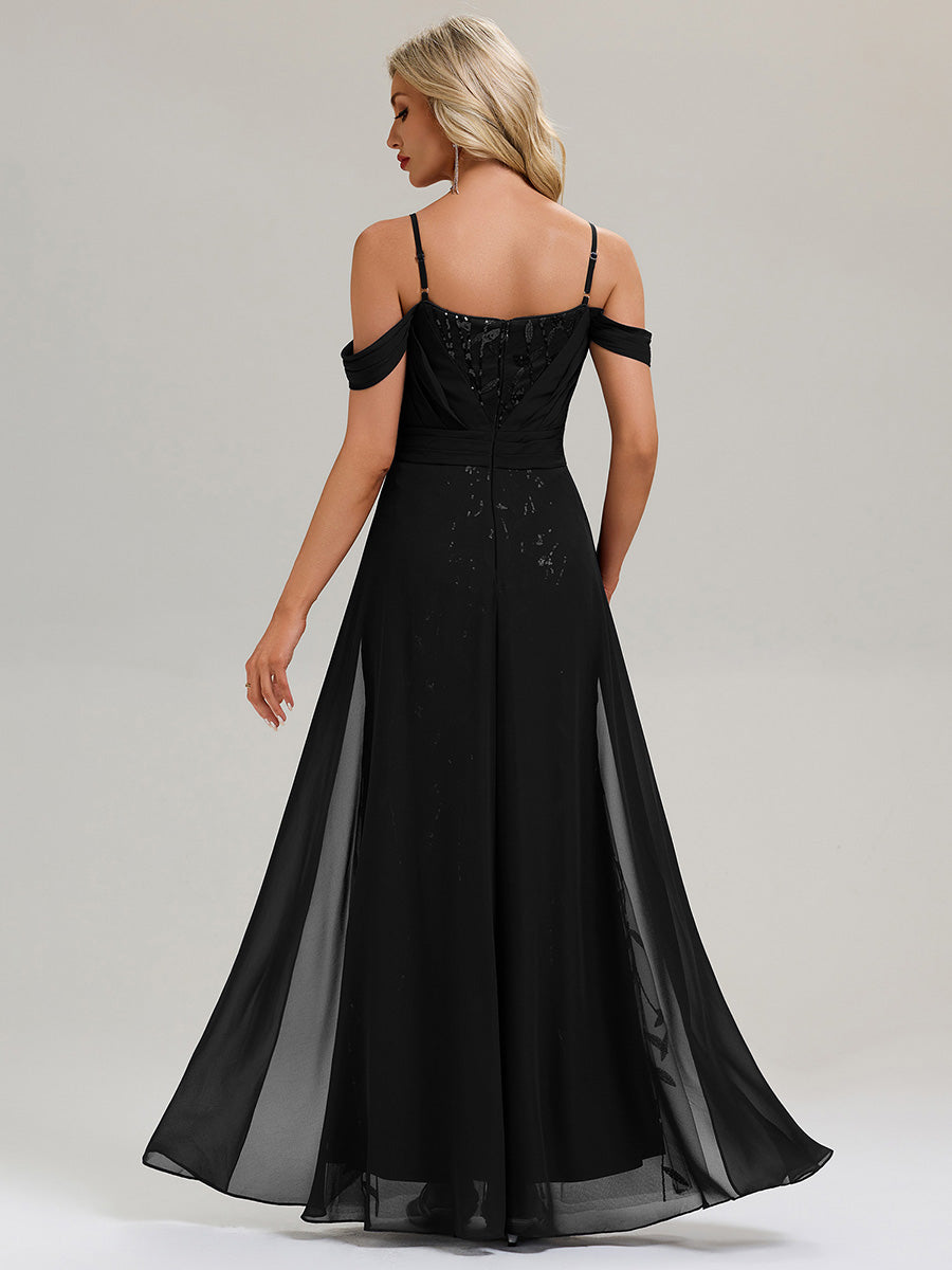 Flowing Ribbons Sequin Sleeveless Evening Dress #color_Black