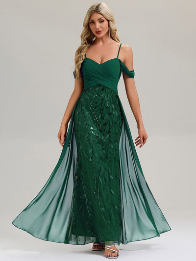 Flowing Ribbons Sequin Sleeveless Evening Dress #color_Dark Green