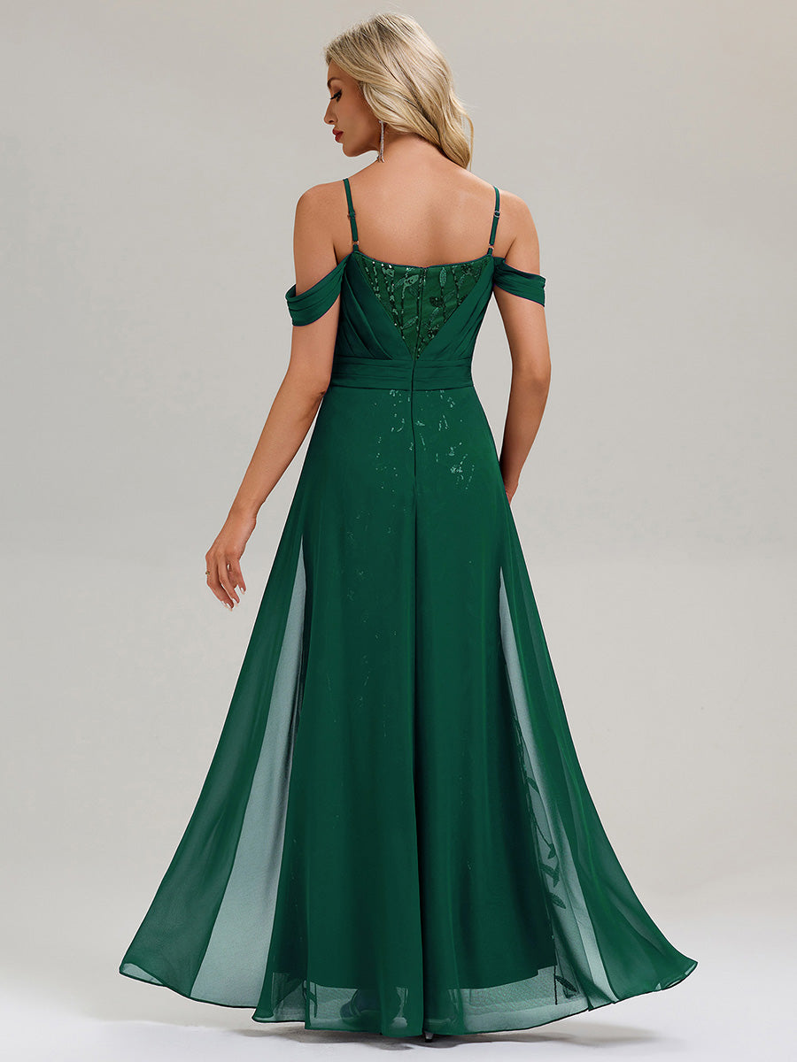 Flowing Ribbons Sequin Sleeveless Evening Dress #color_Dark Green
