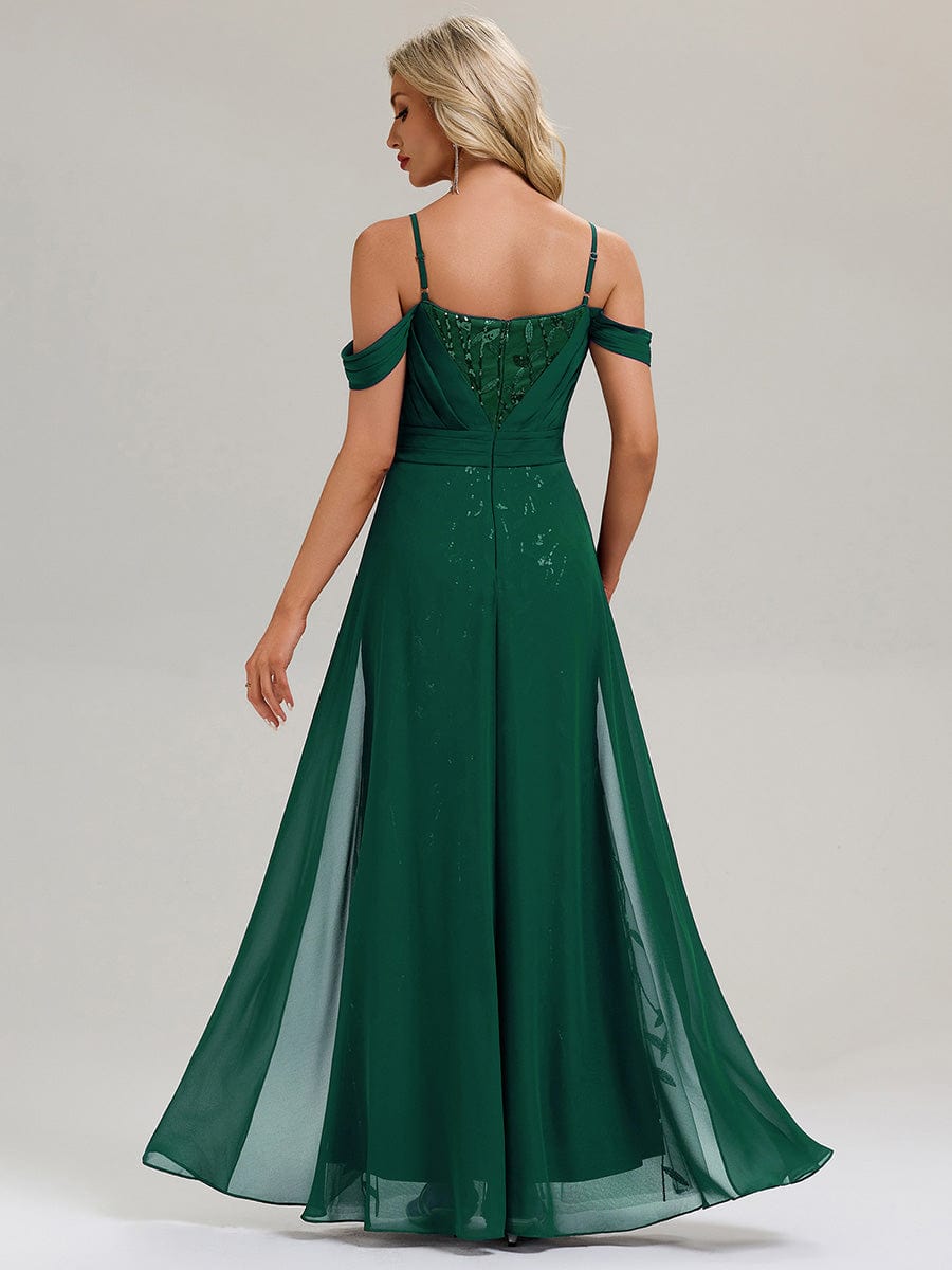 Flowing Ribbons Sequin Sleeveless Evening Dress #color_Dark Green