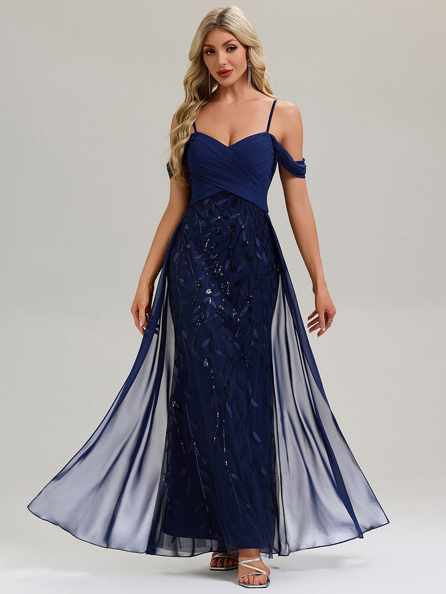 Flowing Ribbons Sequin Sleeveless Evening Dress #color_Navy Blue