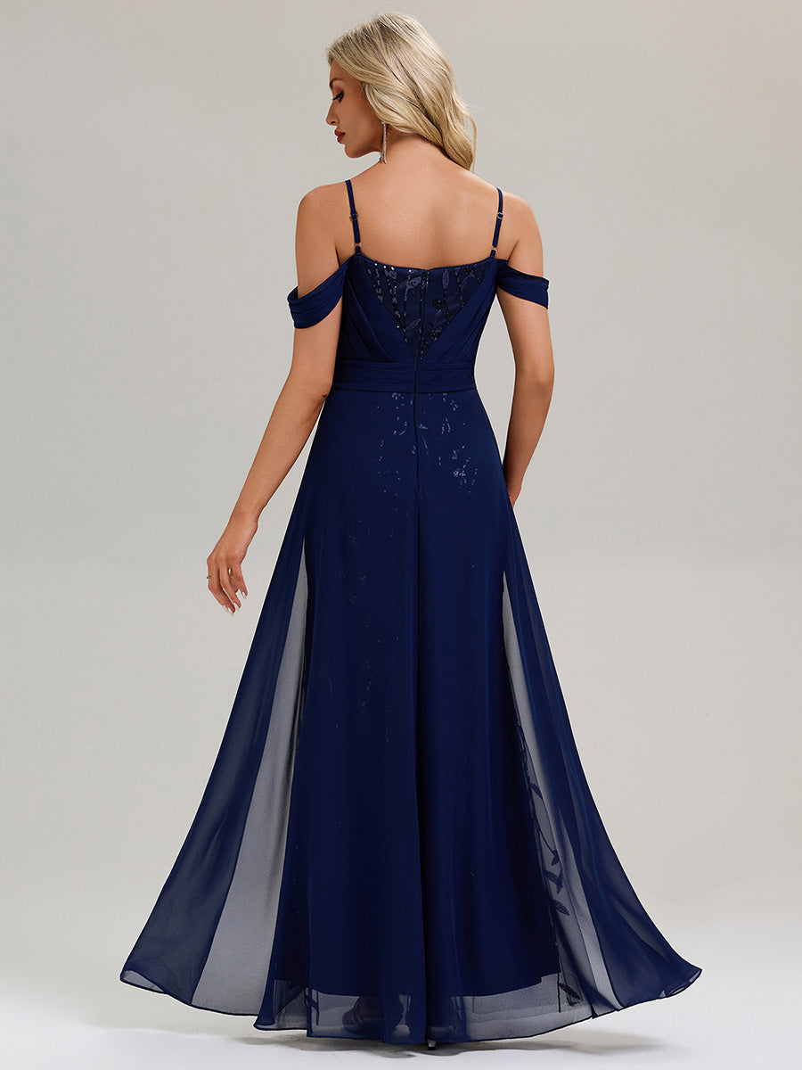 Flowing Ribbons Sequin Sleeveless Evening Dress #color_Navy Blue