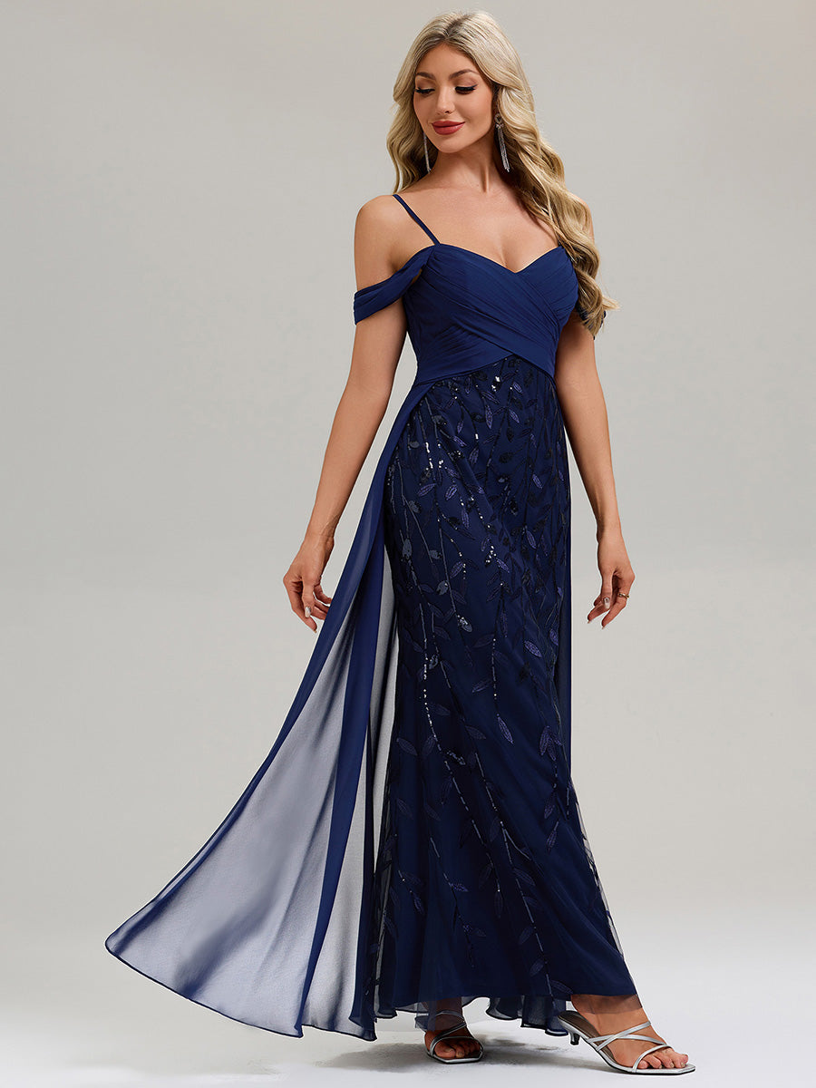 Flowing Ribbons Sequin Sleeveless Evening Dress #color_Navy Blue