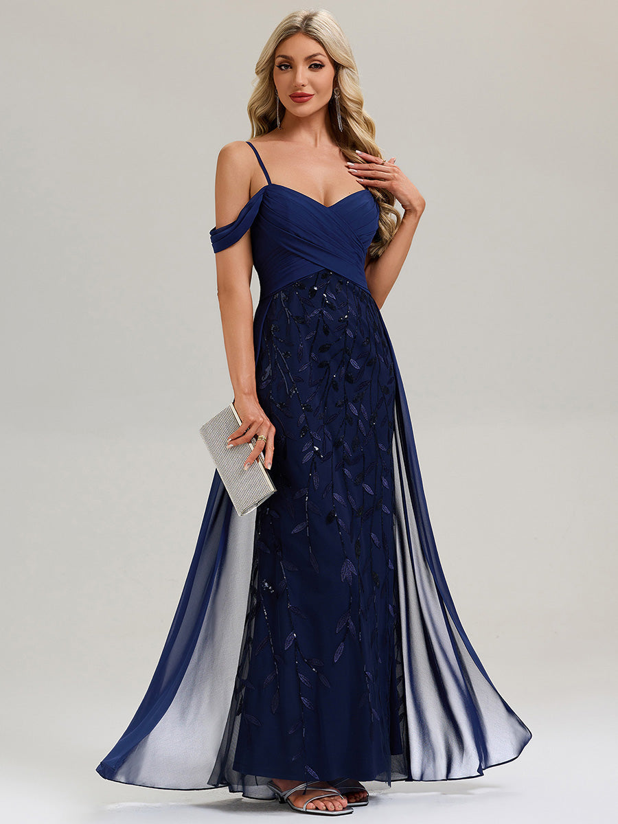 Flowing Ribbons Sequin Sleeveless Evening Dress #color_Navy Blue