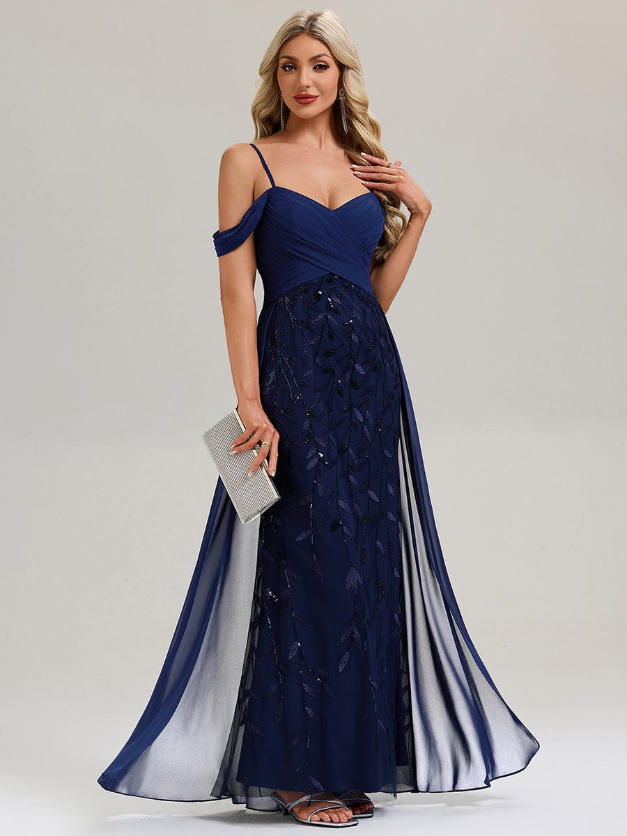 Flowing Ribbons Sequin Sleeveless Evening Dress #color_Navy Blue
