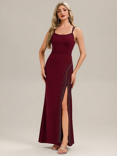 Thigh-High Slit Knit Sleeveless Evening Dress #color_Burgundy