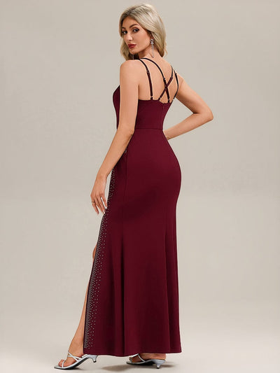 Thigh-High Slit Knit Sleeveless Evening Dress #color_Burgundy