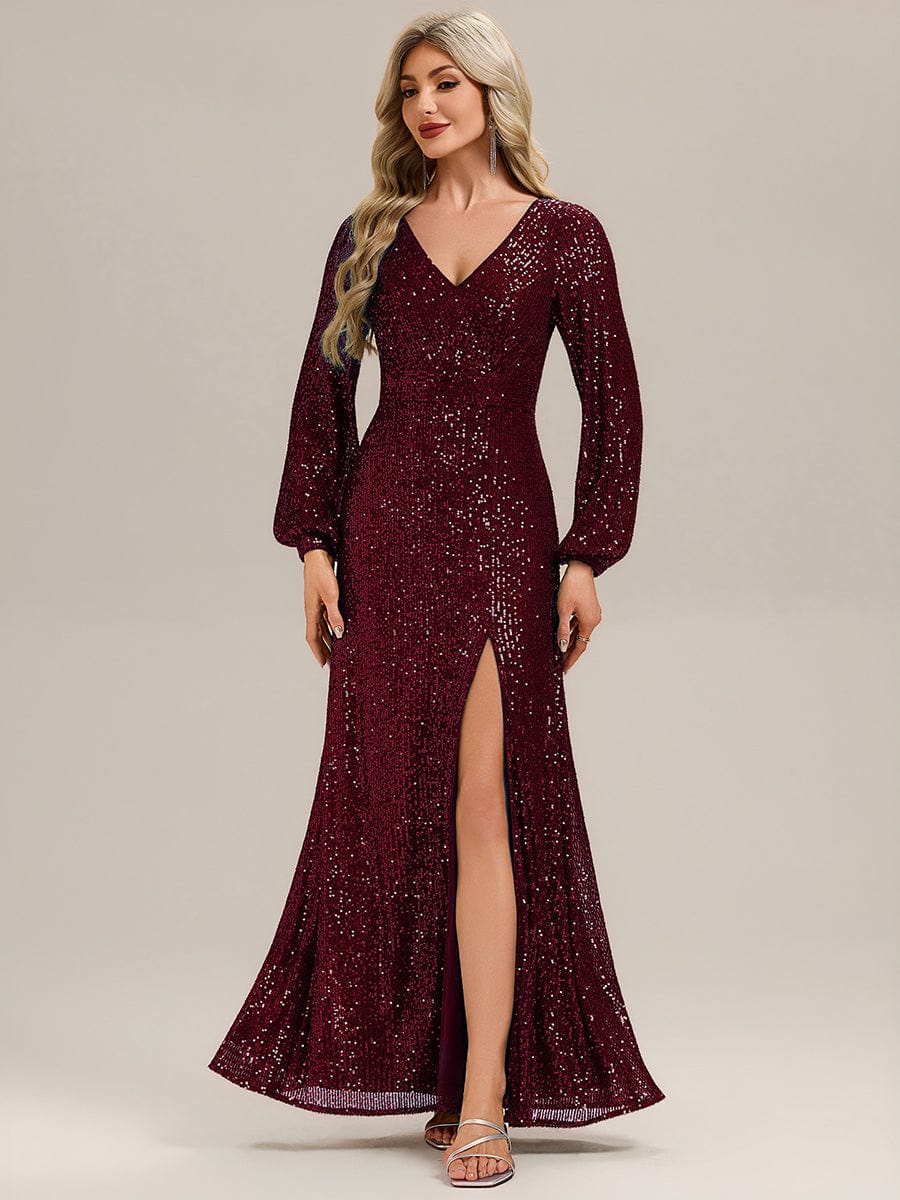 Deep V-Neck Sequin Lantern Sleeve Evening Dress #color_Burgundy