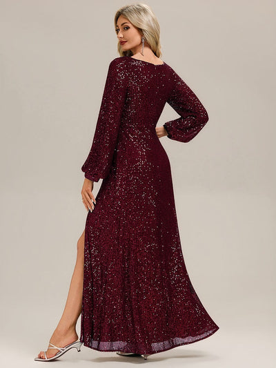 Deep V-Neck Sequin Lantern Sleeve Evening Dress #color_Burgundy
