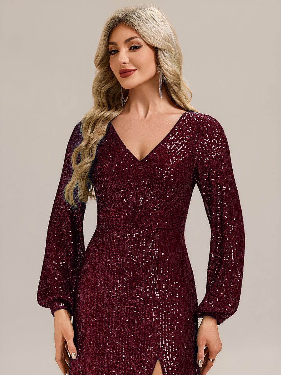 Deep V-Neck Sequin Lantern Sleeve Evening Dress #color_Burgundy