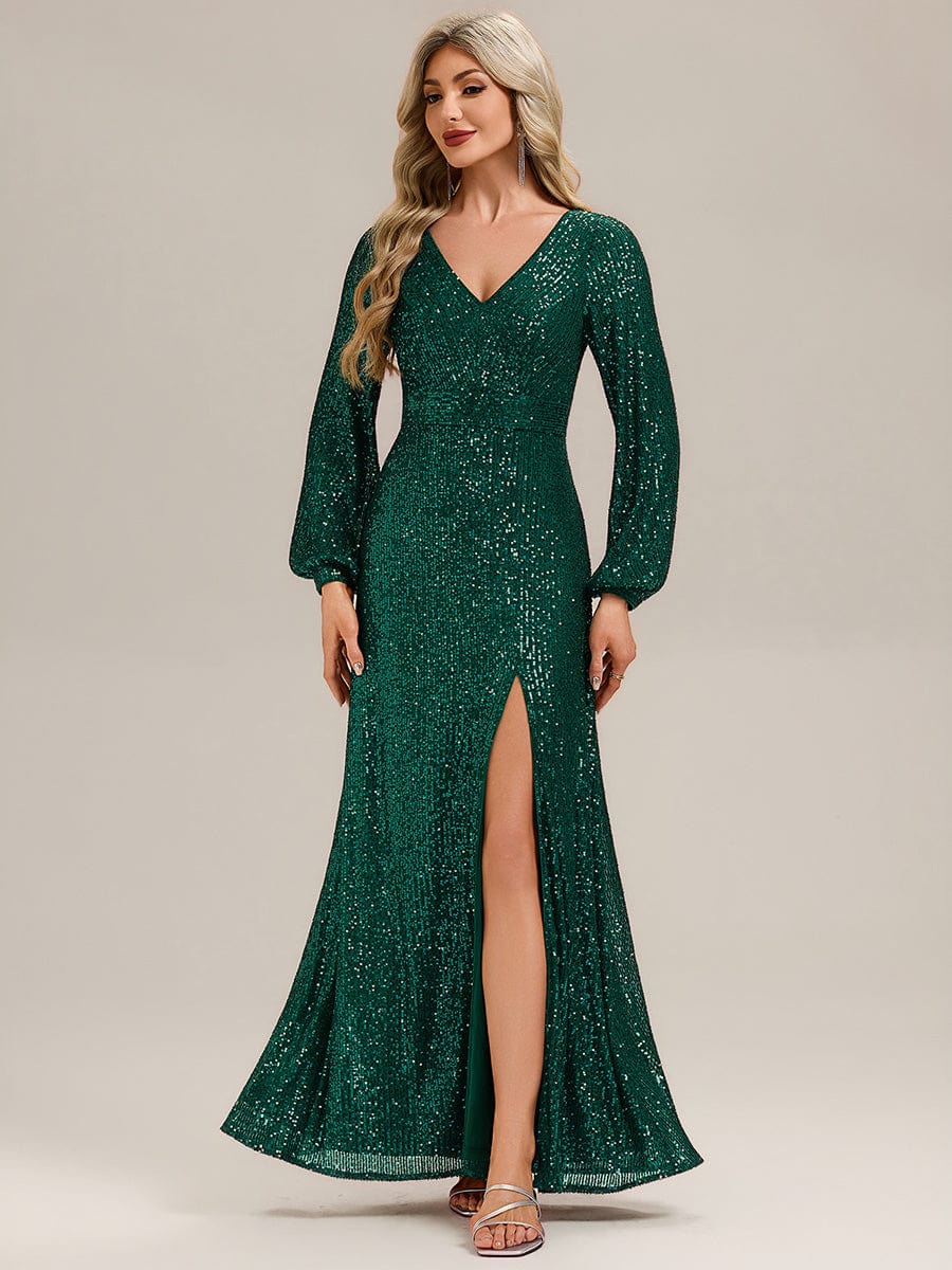 Deep V-Neck Sequin Lantern Sleeve Evening Dress #color_Dark Green