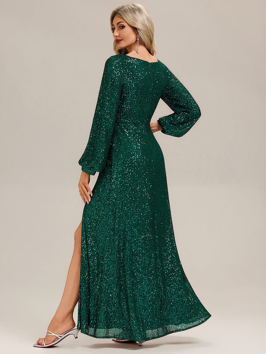 Deep V-Neck Sequin Lantern Sleeve Evening Dress #color_Dark Green