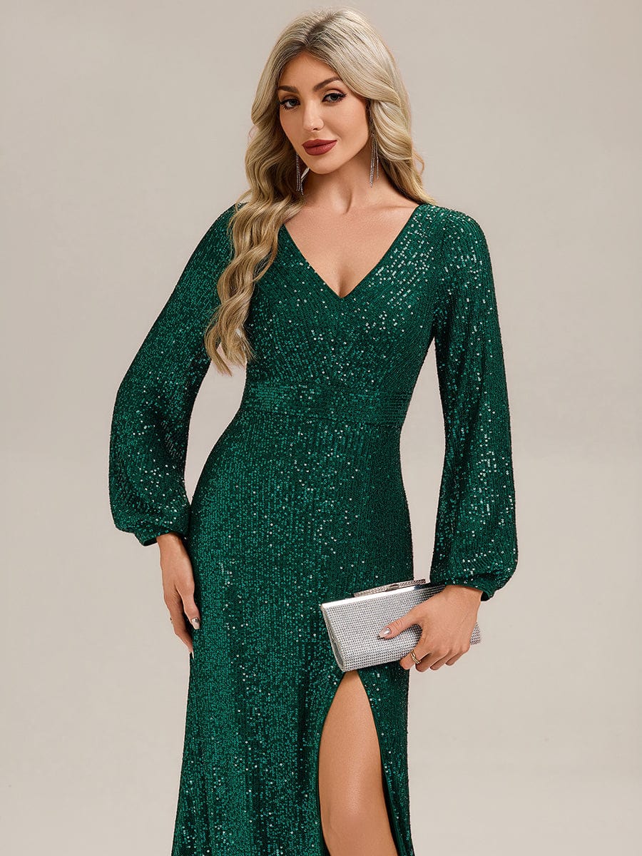 Deep V-Neck Sequin Lantern Sleeve Evening Dress #color_Dark Green