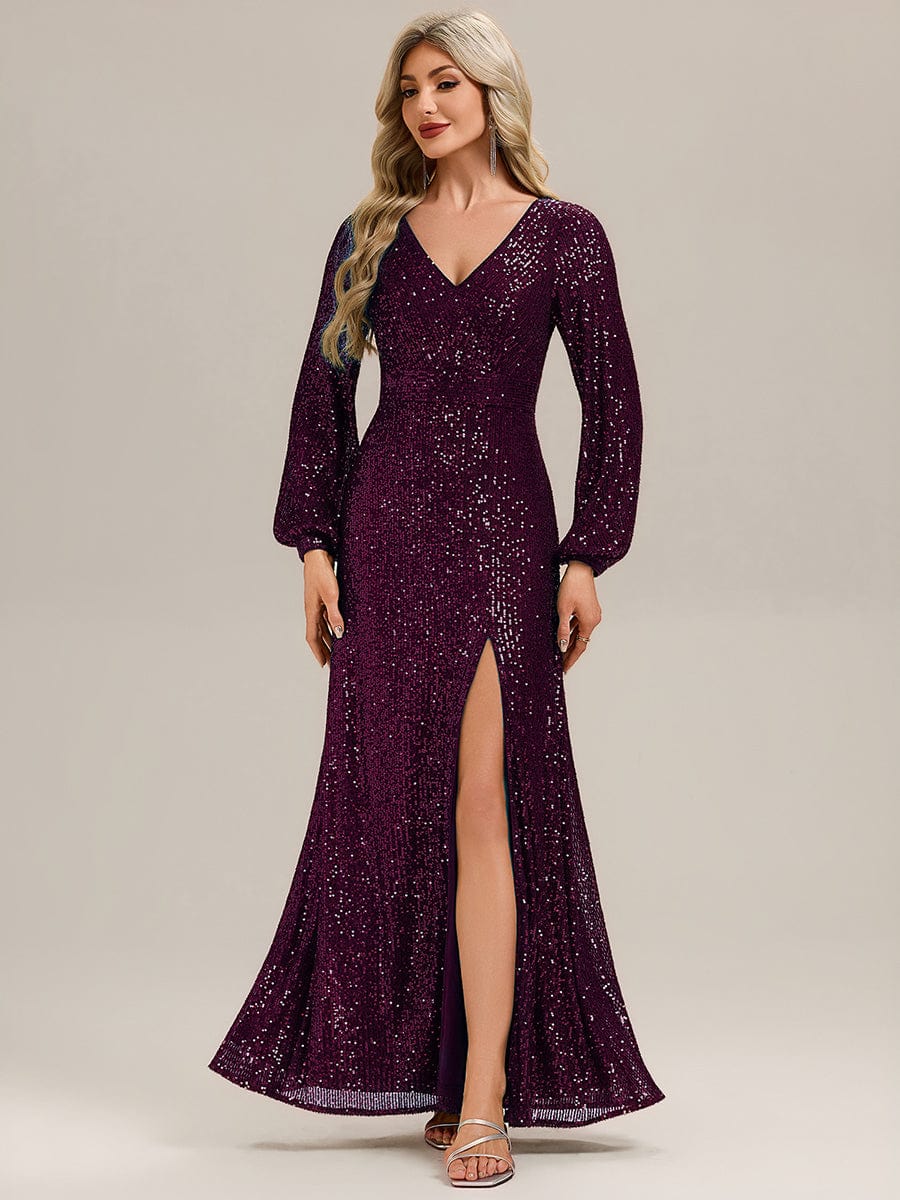 Deep V-Neck Sequin Lantern Sleeve Evening Dress #color_Dark Purple