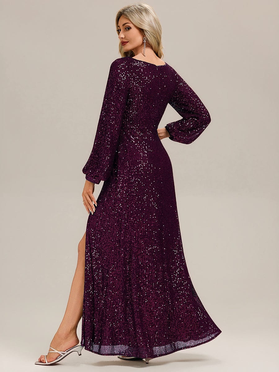 Deep V-Neck Sequin Lantern Sleeve Evening Dress #color_Dark Purple