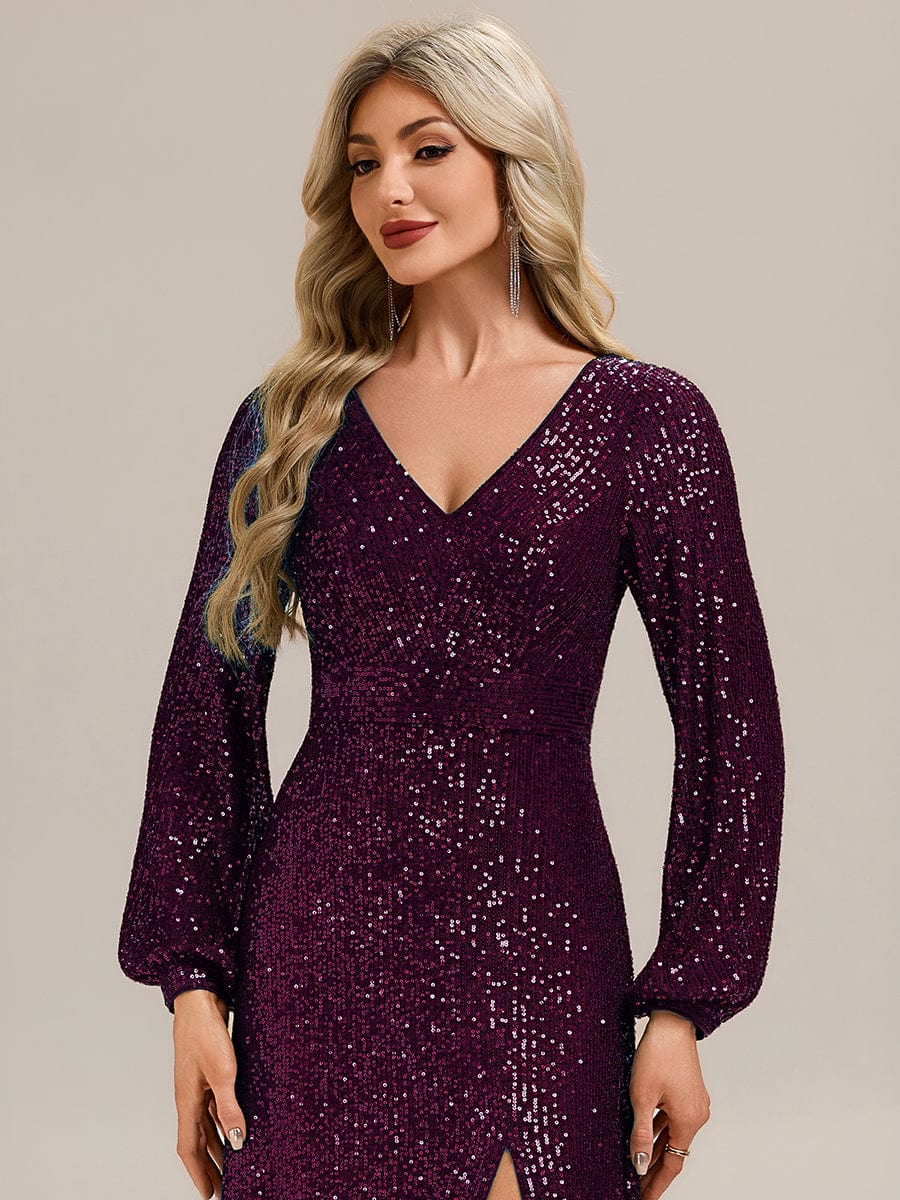 Deep V-Neck Sequin Lantern Sleeve Evening Dress #color_Dark Purple