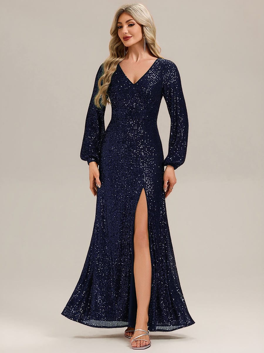 Deep V-Neck Sequin Lantern Sleeve Evening Dress #color_Navy Blue