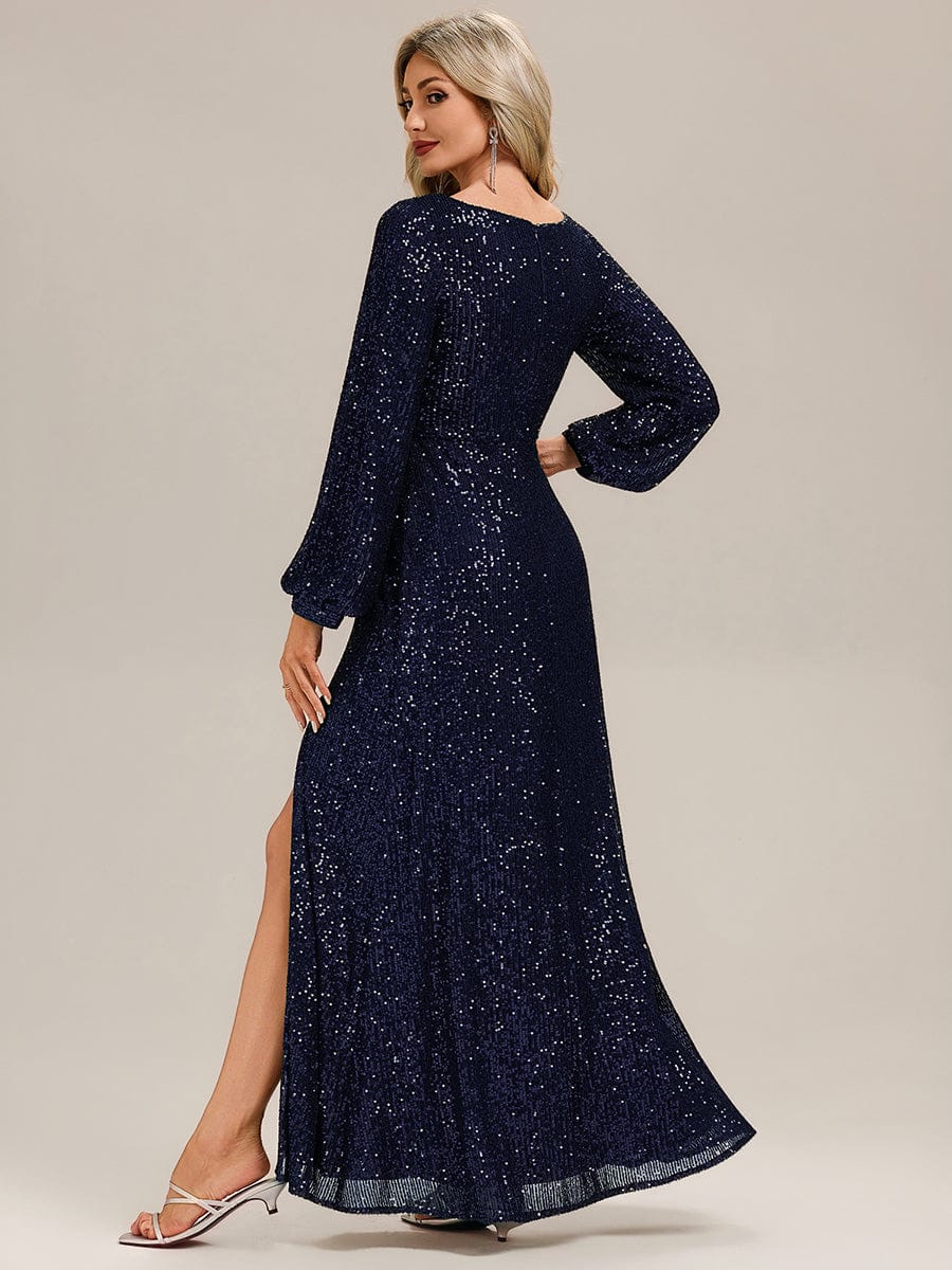 Deep V-Neck Sequin Lantern Sleeve Evening Dress #color_Navy Blue
