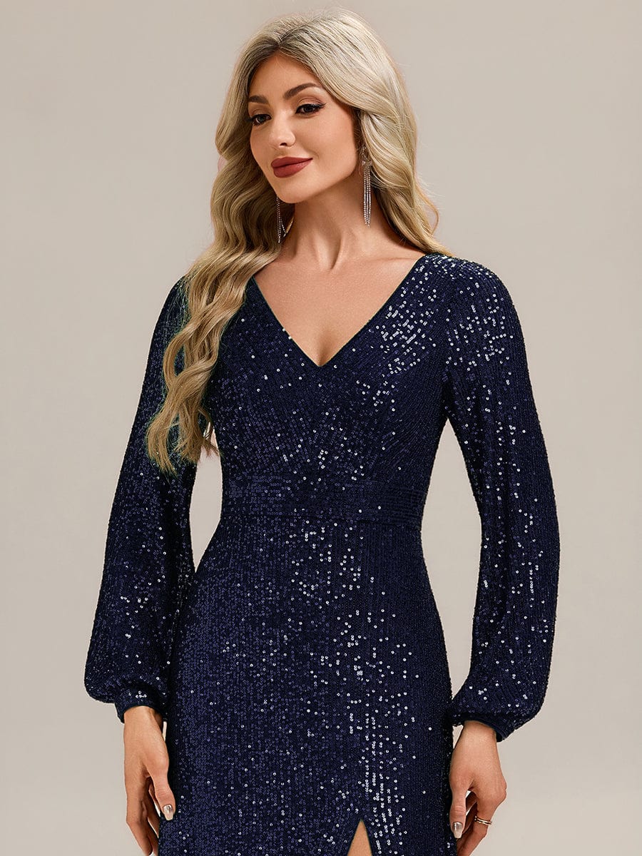 Deep V-Neck Sequin Lantern Sleeve Evening Dress #color_Navy Blue