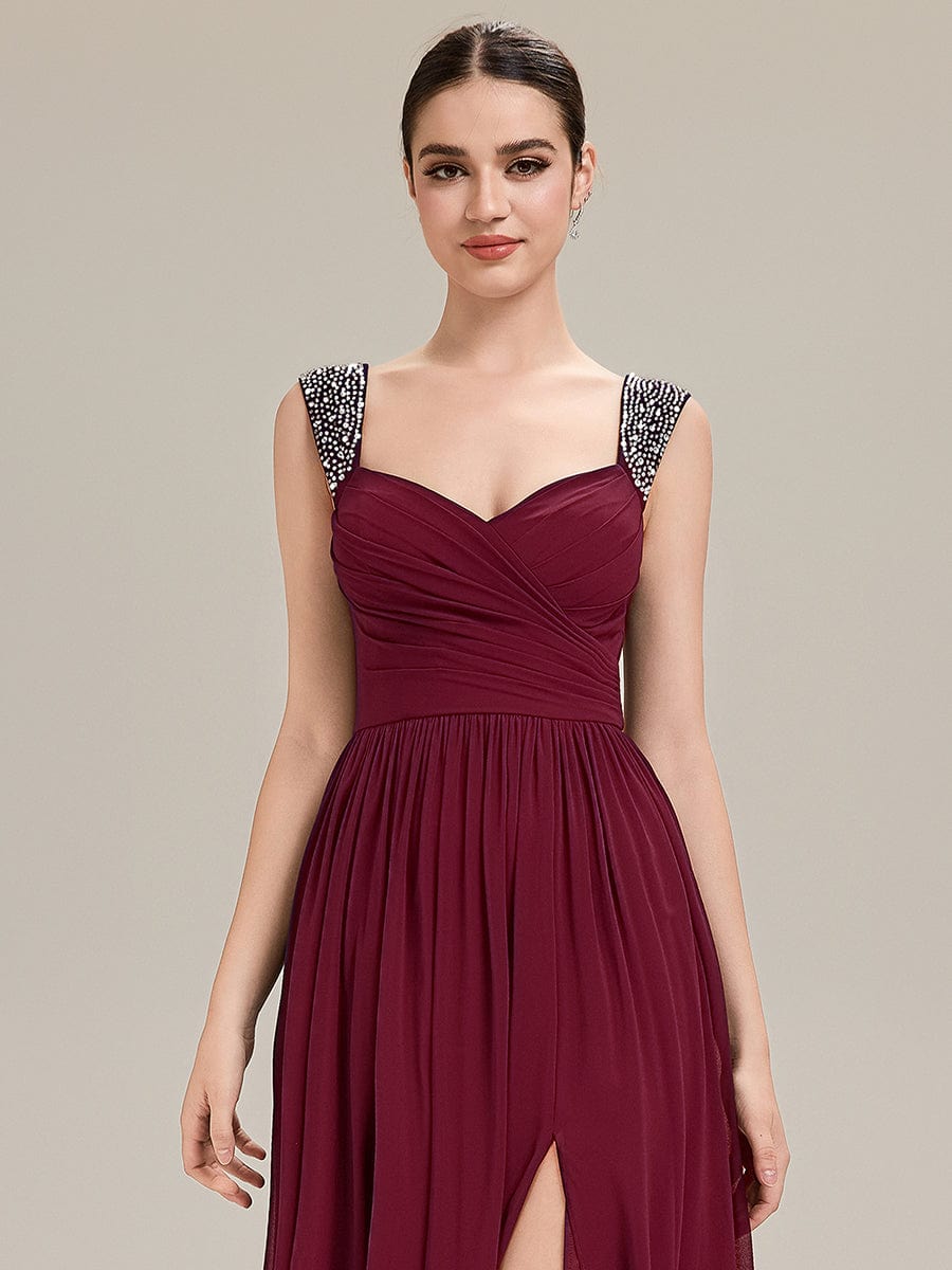 Gathered Chiffon Sleeveless Evening Dress #color_Burgundy