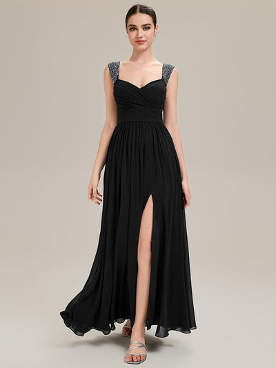 Gathered Chiffon Sleeveless Evening Dress #color_Black