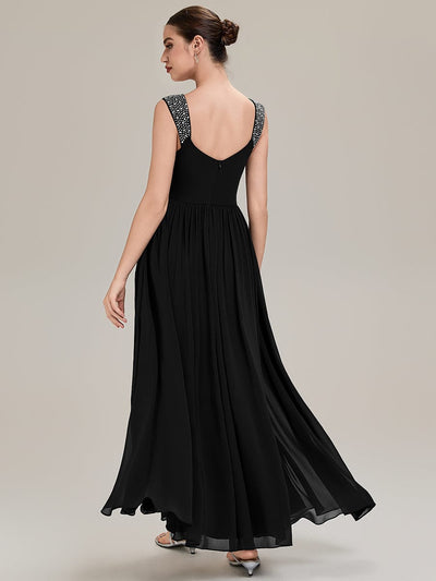 Gathered Chiffon Sleeveless Evening Dress #color_Black