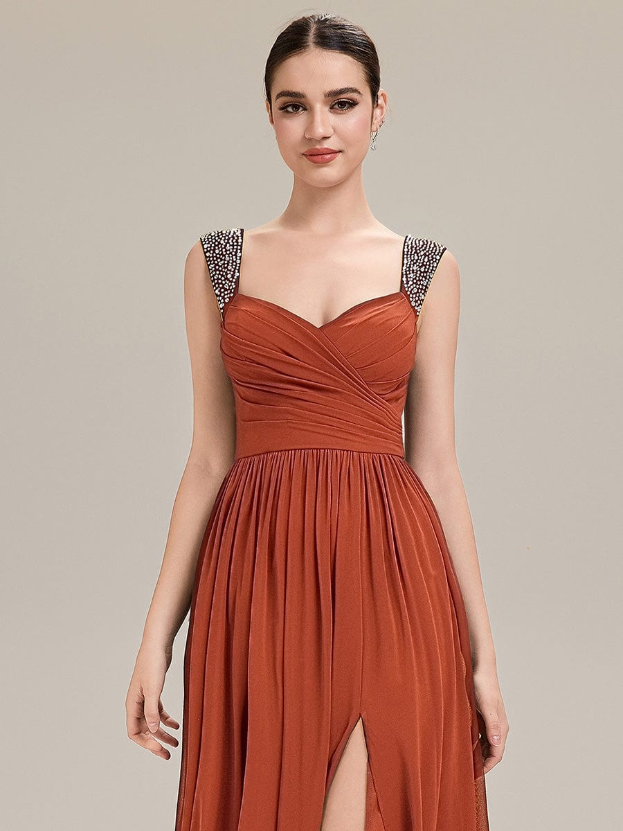 Gathered Chiffon Sleeveless Evening Dress #color_Burnt Orange