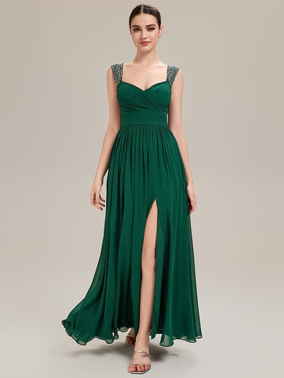 Gathered Chiffon Sleeveless Evening Dress #color_Dark Green