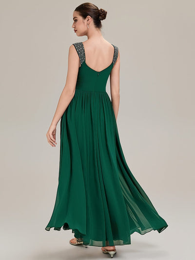 Gathered Chiffon Sleeveless Evening Dress #color_Dark Green