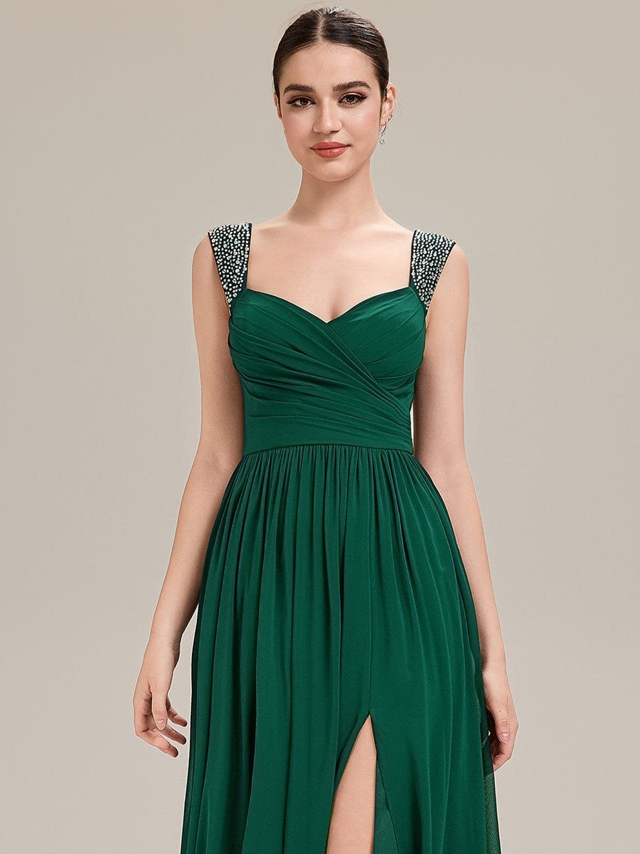 Gathered Chiffon Sleeveless Evening Dress #color_Dark Green