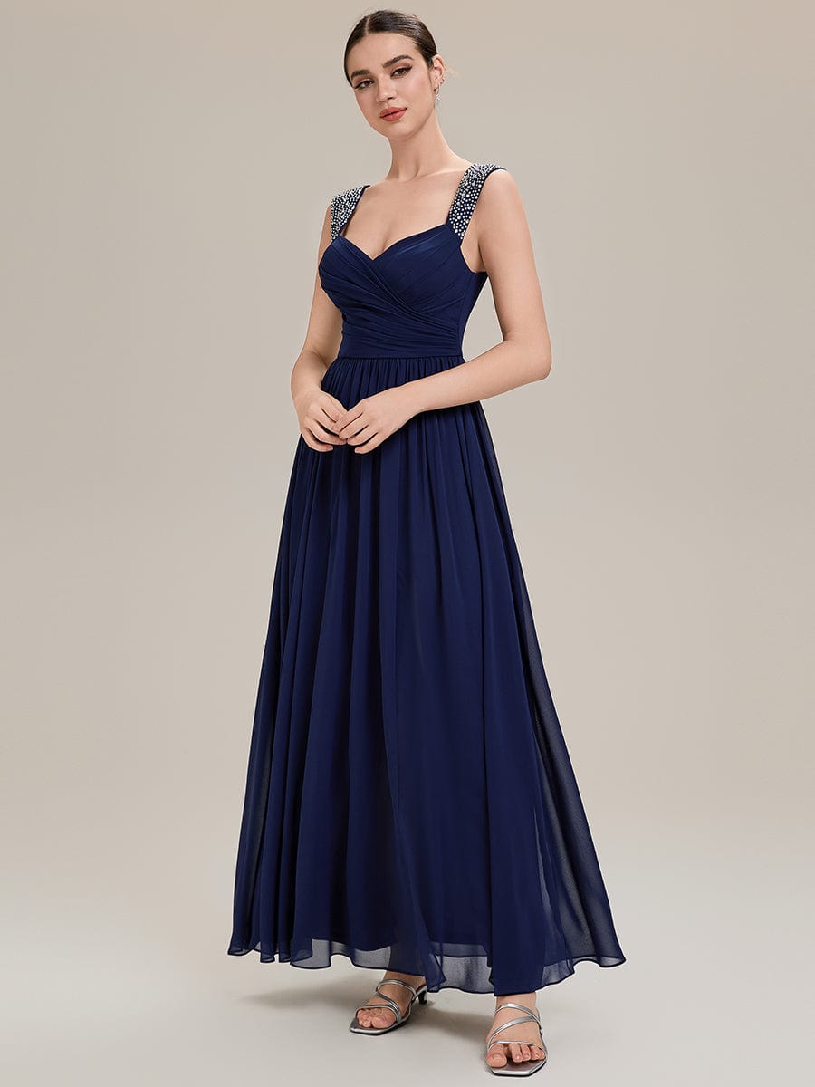 Gathered Chiffon Sleeveless Evening Dress #color_Navy Blue