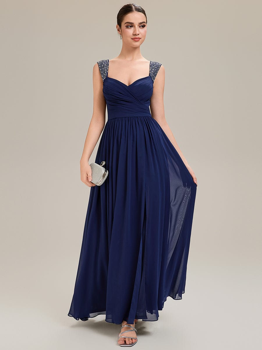 Gathered Chiffon Sleeveless Evening Dress #color_Navy Blue