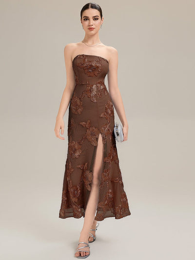 Thigh-High Slit Mesh Sleeveless Evening Dress #color_Brown